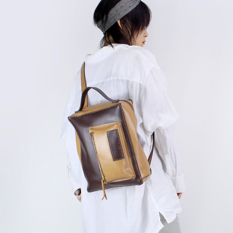 TaneLa 全手作 牛皮 拼接設計 斜背式 後背包 - 背囊/背包 - 真皮 咖啡色
