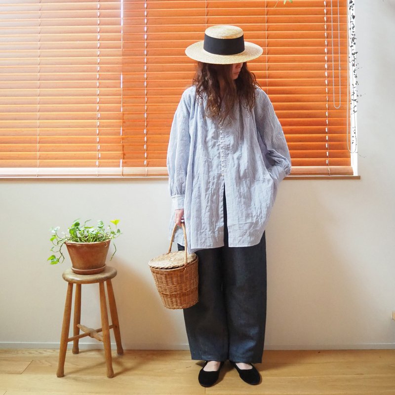 Cotton poplin button long blouse / BLUE(stripe) - 女襯衫 - 棉．麻 藍色