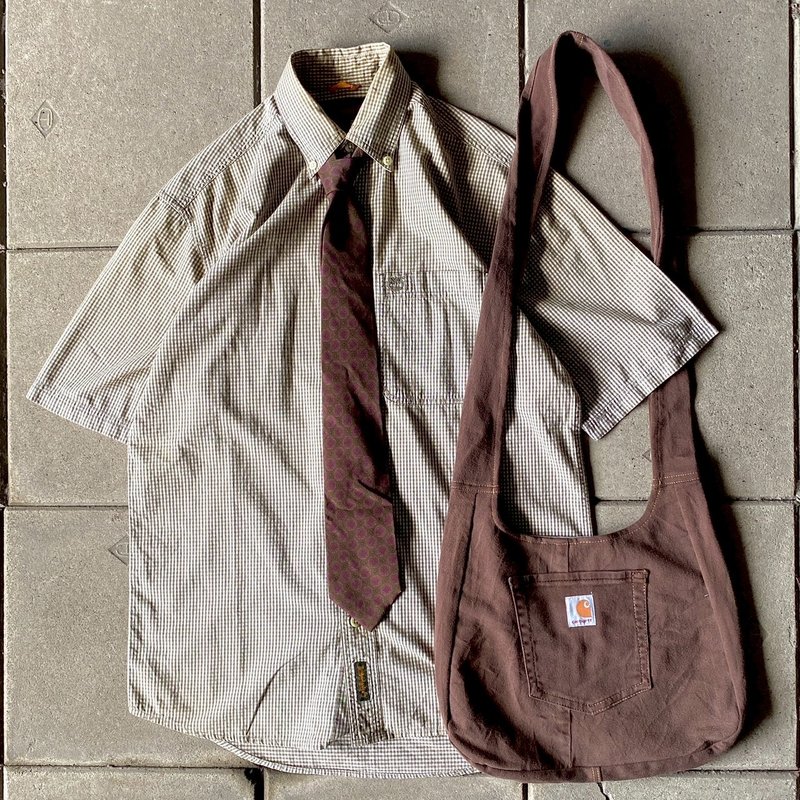 --兩光師古著--Timberland茶色格紋襯衫、領帶、馬鞍包 - 男襯衫/休閒襯衫 - 其他材質 卡其色