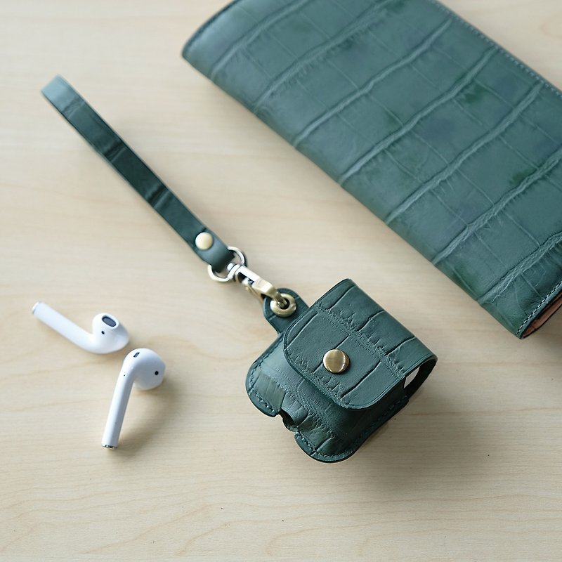 AirPods 1/2 Leather  Case - Forest Green ( Cow leather with Croco embossed) - Headphones & Earbuds - Genuine Leather Green