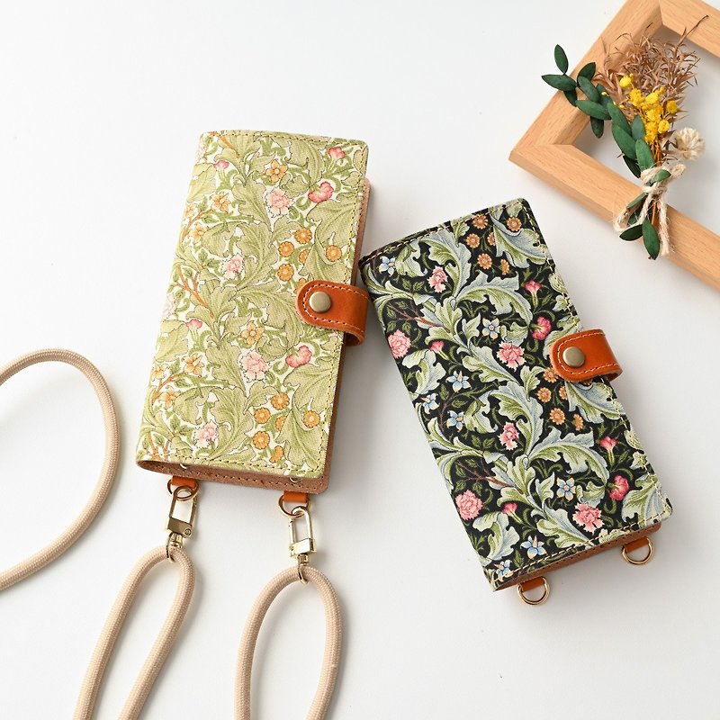 Compatible with all models Smartphone case Notebook type Vertical hanging parts [Morris Meadow Leicester] Smartphone shoulder leather William Morris Flower lover Plant A230I - เคส/ซองมือถือ - ผ้าฝ้าย/ผ้าลินิน สีดำ