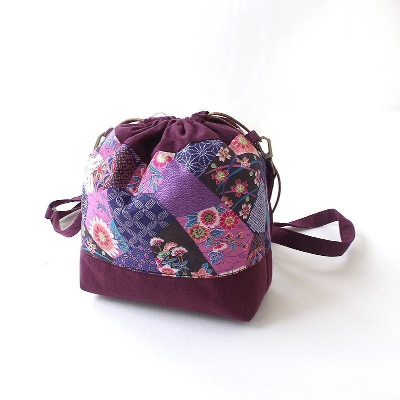 日式復古拼接束口斜背包 - 側背包/斜孭袋 - 棉．麻 紫色