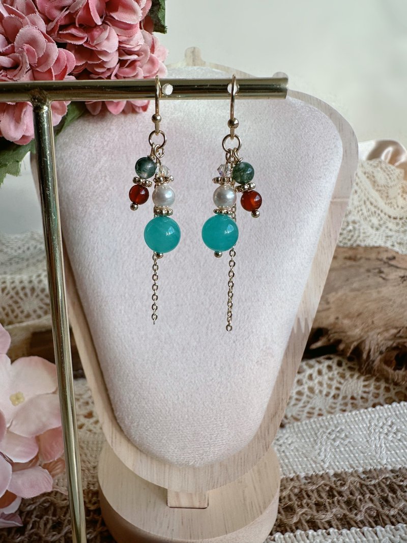 藍莓物語 l 天河石 紅石柳 水草瑪瑙 水晶耳環 - 耳環/耳夾/耳骨夾 - 水晶 藍色