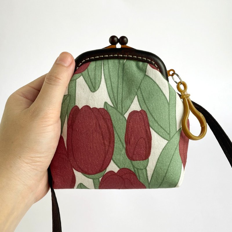 韓國印花棉布輕量感塑膠口金迷你斜揹包/零錢包 - 側背包/斜背包 - 棉．麻 卡其色