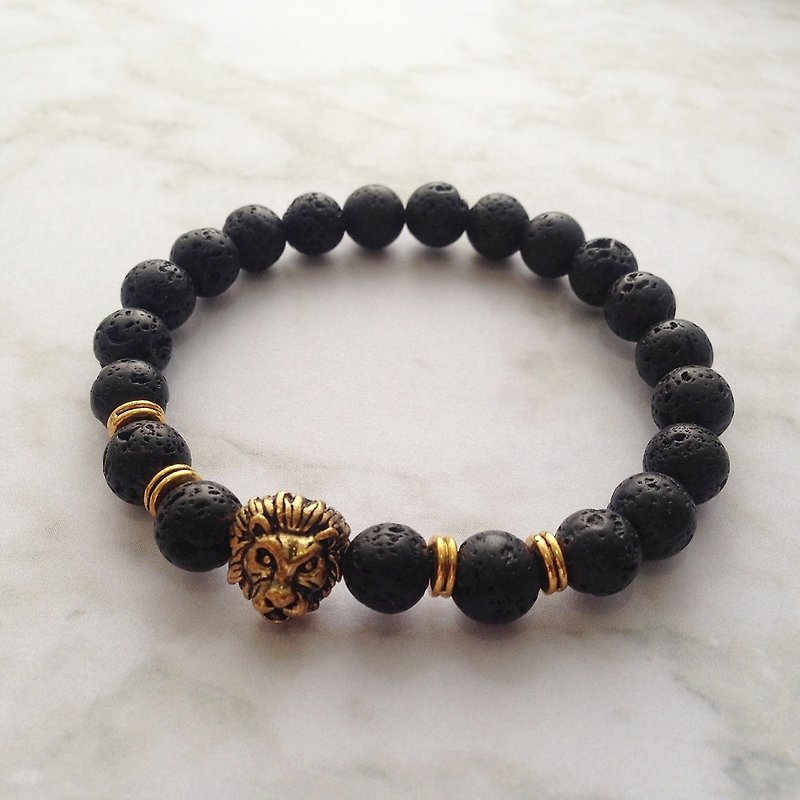 Gold Lion | volcanic rock (lava) | beaded bracelet - สร้อยข้อมือ - หิน สีดำ