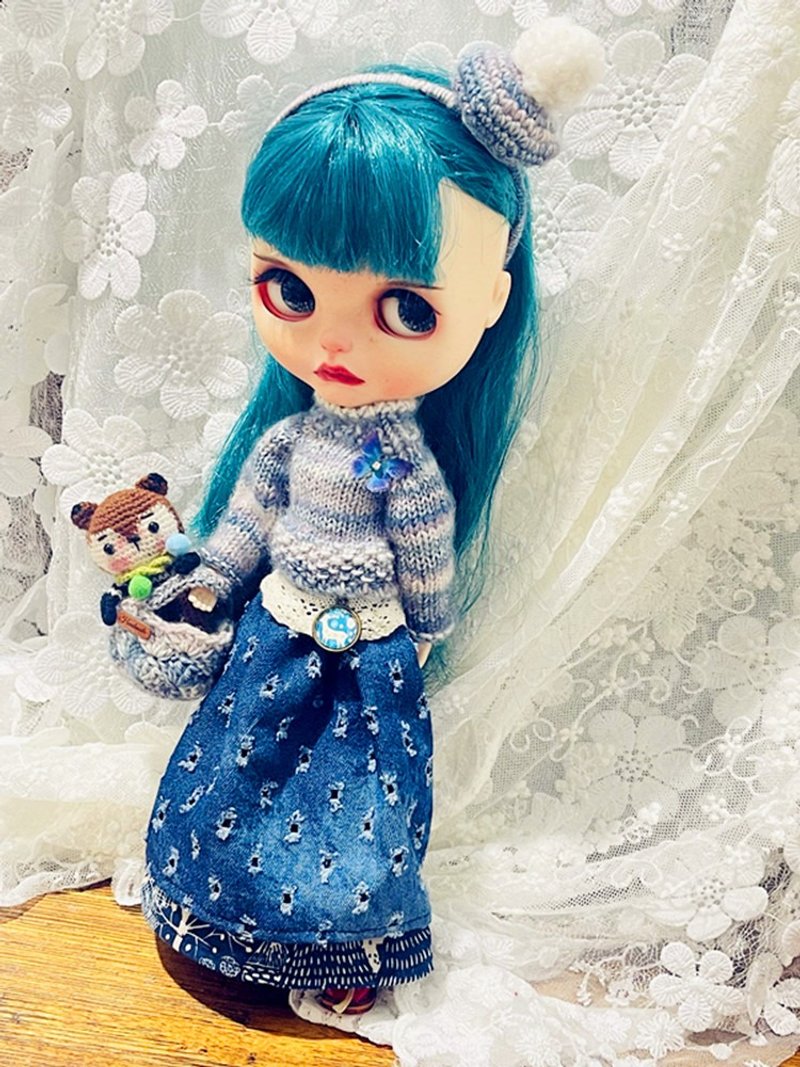 Sunlight alley handmade butterfly cold blue garden small cloth baby clothes blythe woven baby clothes hat skirt - ตุ๊กตา - ผ้าฝ้าย/ผ้าลินิน 