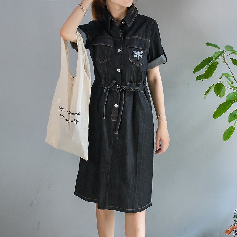 Pocket embroidery design denim dress meteorite black ML - One Piece Dresses - Cotton & Hemp Black