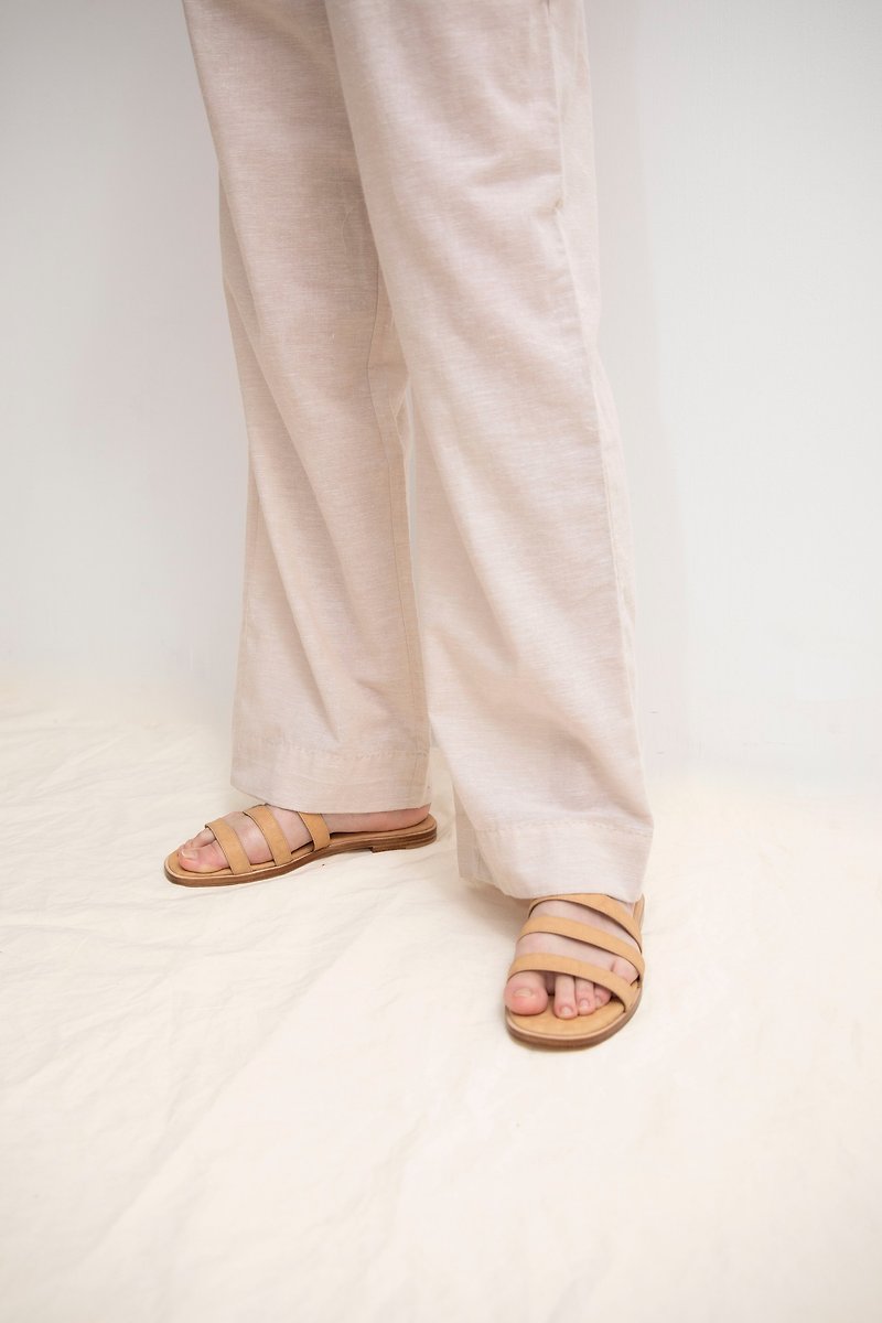 Pleated straight-leg pants - กางเกงขายาว - ผ้าฝ้าย/ผ้าลินิน สีกากี