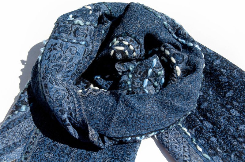 喀什米爾Cashmere/水煮羊毛披肩/針織圍巾/刺繡圍巾/羊絨披巾-花 - 圍巾/披肩 - 羊毛 藍色
