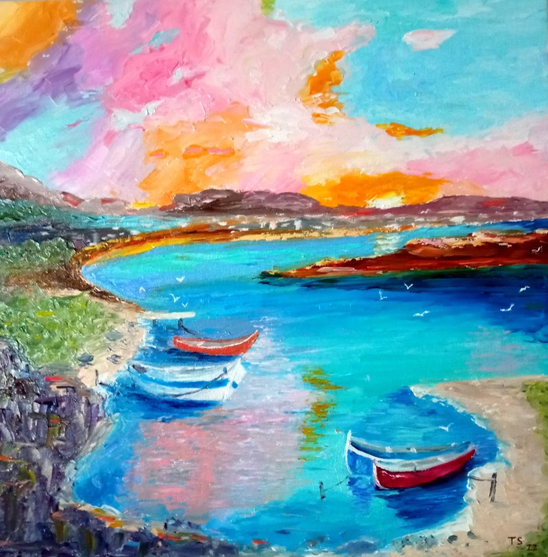 Original author's oil painting Boats in the Lagoon. 30x30 cm. Unframed. - Wall Décor - Other Materials 