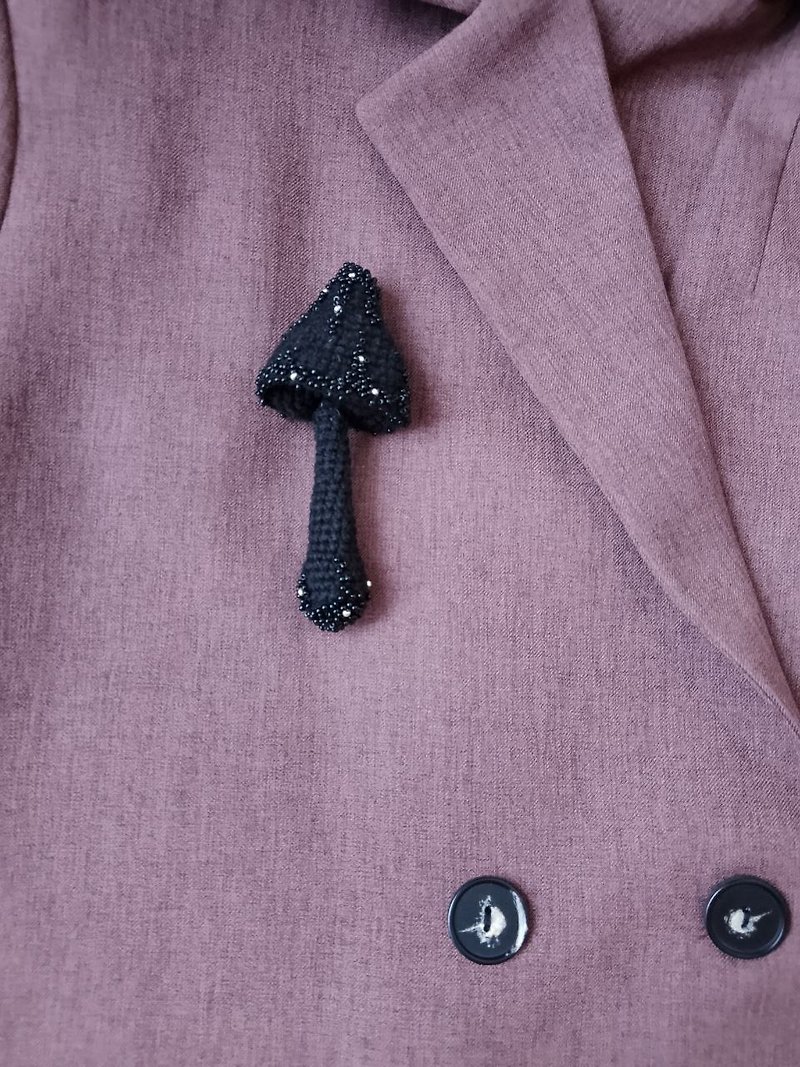 Handmade cotton brooch mushroom and beads decor/black pins/ BOHO brooch gift - Brooches - Other Materials Black