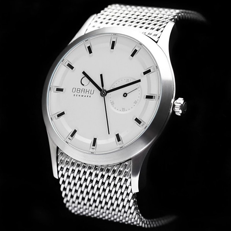 OBAKU minimalist time and date Milan strap watch- Silver frame white surface/41.5mm (V124GCIMC) - นาฬิกาผู้ชาย - สแตนเลส สีดำ