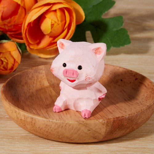 手作り木製ブタ Pajo かわいいピンクのブタの木の彫刻 - ショップ Mokuomo 置物