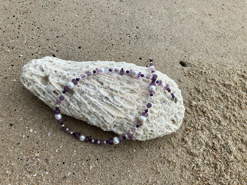 Amethyst and Flash water pearl  minimalist necklace,母親節禮物 - 項鍊 - 寶石 