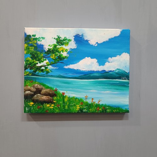 お客出品 オーダーメイド アクリル画 2点 風景画 海の絵 - 絵画