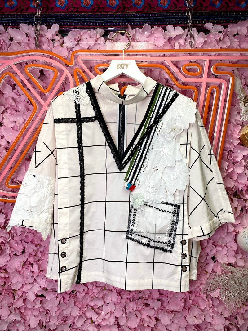 OTT獨一無二•Unique日系白色格仔手工刺繡喱士上衣 - 女上衣/長袖上衣 - 棉．麻 白色