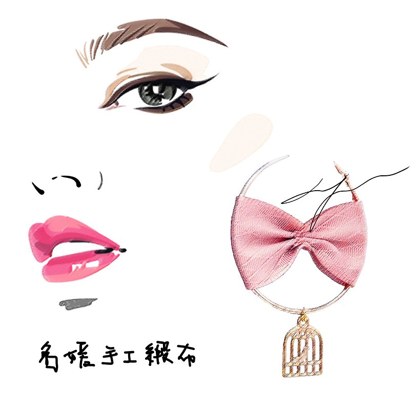 Daqian design powder plaid ribbon bow bow bird earrings earrings lover Xie Shiyan - Earrings & Clip-ons - Cotton & Hemp Pink