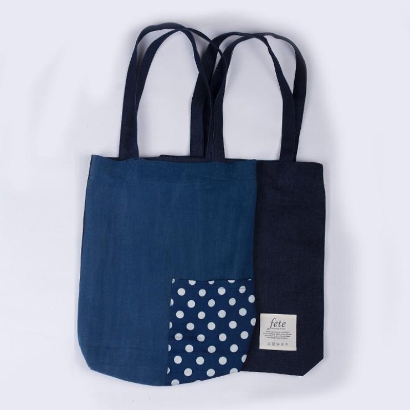 Double-sided patchwork shoulder bag denim polka dot blue dyed old fabric - Messenger Bags & Sling Bags - Cotton & Hemp Blue