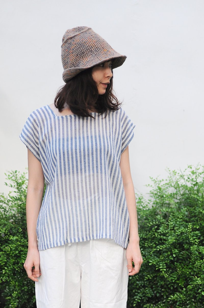 Double - sided collar collar collar collar simple shirt - thin blue striped cotton yarn - 2way - Women's Tops - Cotton & Hemp Blue