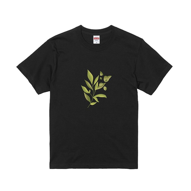 Botanical Kitty T-Shirt - Lanceolcate - เสื้อฮู้ด - ผ้าฝ้าย/ผ้าลินิน สีดำ