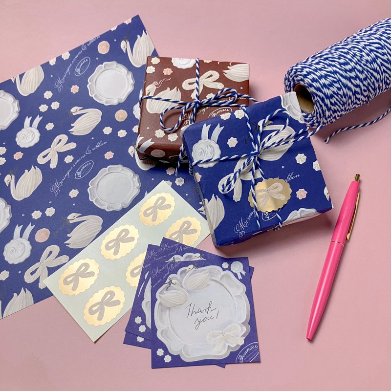 【ラッピングセット】白鳥とリボンのメレンゲクッキー  シール付き - 禮物盒/包裝盒 - 紙 藍色