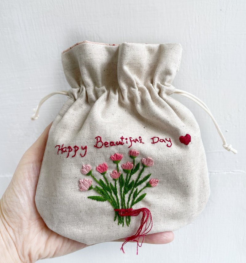 [Miss Fang's handmade] bouquet embroidered cotton and Linen pockets - Drawstring Bags - Cotton & Hemp White