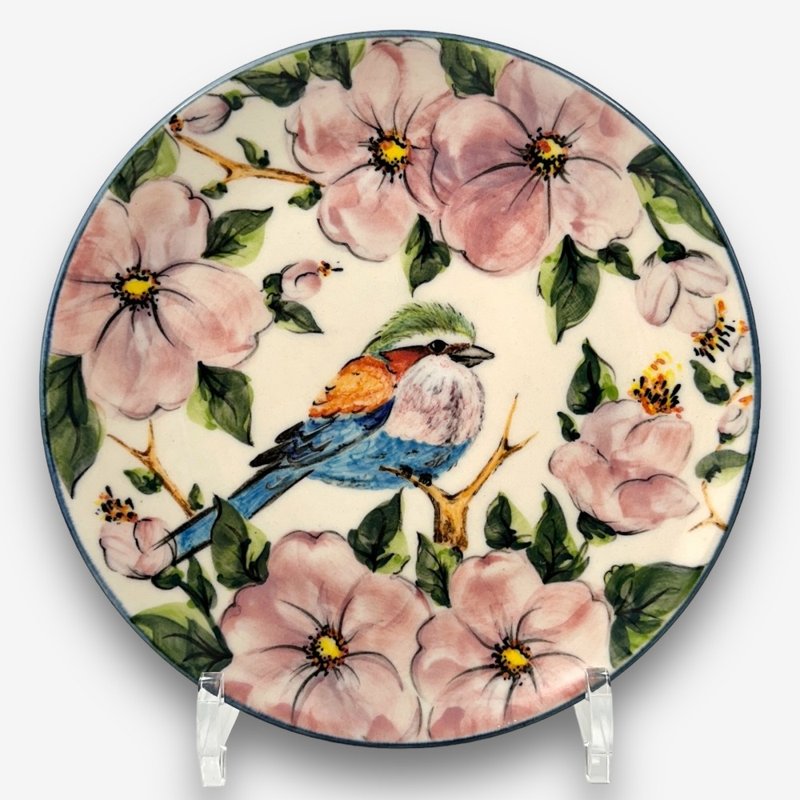 波蘭手繪手工陶-圓盤 19cm 彩色鳥花園系列 限量版 - 盤子/餐盤/盤架 - 陶 粉紅色