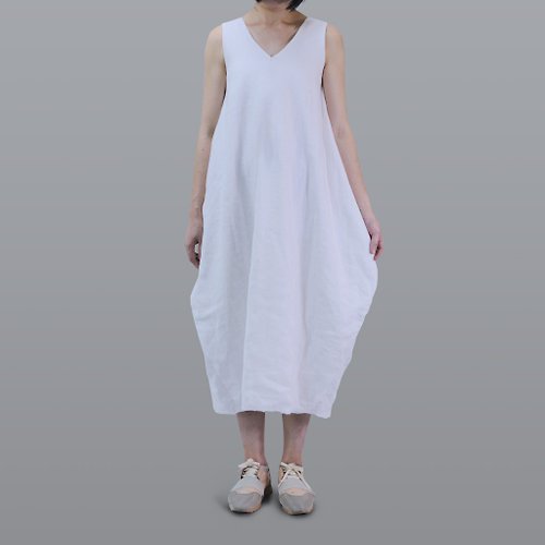 茶衫 V領無袖洋裝 - 亞麻 連身裙 / 白色