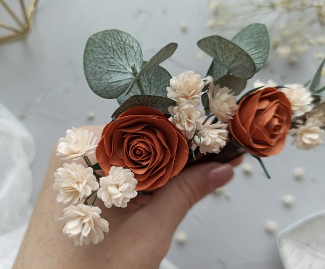 Sage green wedding eucalyptus terracotta hair pins Fall flower rose hair  clip - Shop AlenaWedding Hair Accessories - Pinkoi