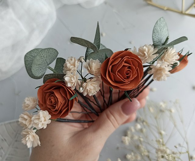 Sage green wedding eucalyptus terracotta hair pins Fall flower rose hair  clip - Shop AlenaWedding Hair Accessories - Pinkoi