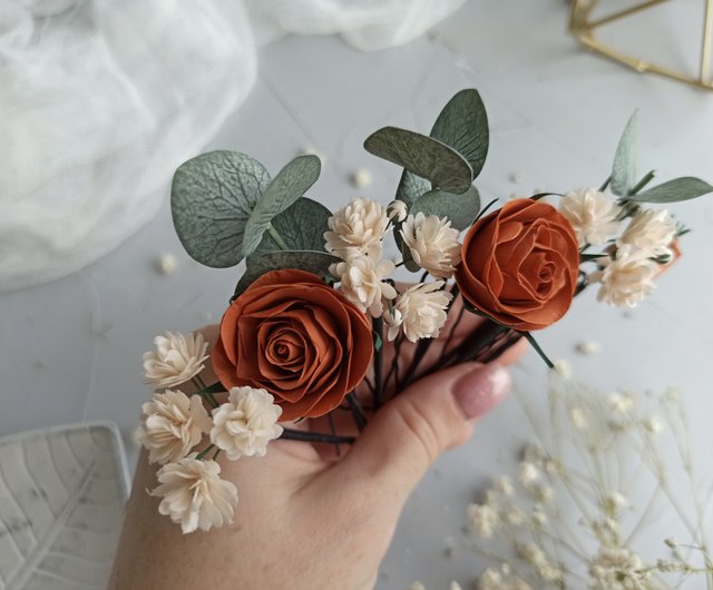 Sage green wedding eucalyptus terracotta hair pins Fall flower rose hair  clip - Shop AlenaWedding Hair Accessories - Pinkoi