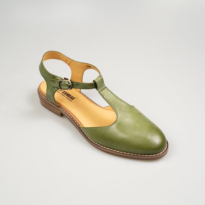 T-shaped Mary Jane back strap sandals for women/green/239C last - รองเท้ารัดส้น - หนังแท้ สีเขียว
