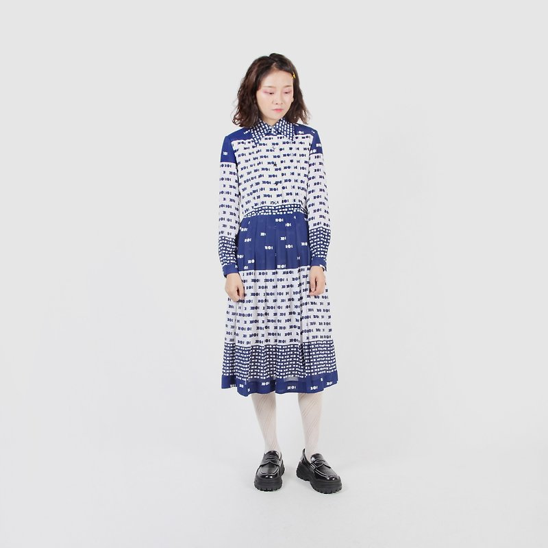 [Egg plant ancient] Dazheng Jinping sugar printing vintage dress - ชุดเดรส - เส้นใยสังเคราะห์ สีน้ำเงิน