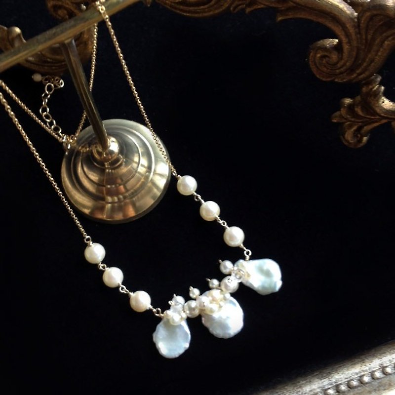 14kgf freshwater pearl × rose quartz collage necklace＊14kgf淡水ケシパール×ローズクォーツコラージュネックレス[sz-08] - ネックレス - 宝石 ホワイト