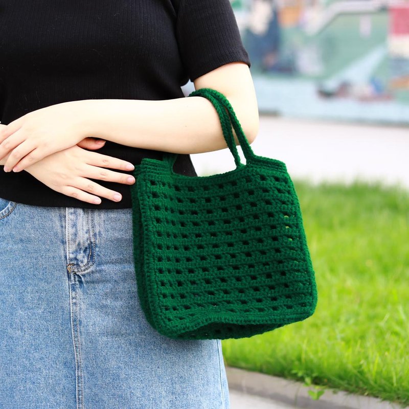 [Video Teaching + Material Pack] Checkered Waffle Tote Bag - Knitting, Embroidery, Felted Wool & Sewing - Cotton & Hemp Multicolor