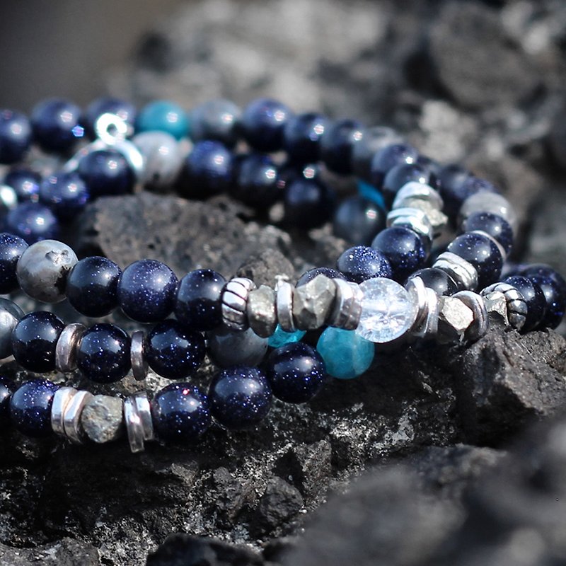 Stargate. Natural Ore Three Strand Rosary Beads Sterling Silver Stone - Bracelets - Gemstone Blue