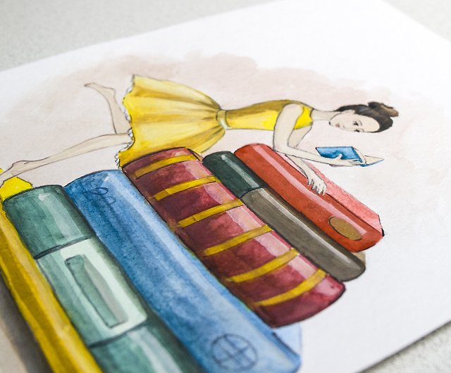 Girl Painting Book Lover Original Art Girl with Book Artwork Watercolor  Painting - Shop Nadya Ya Art Posters - Pinkoi