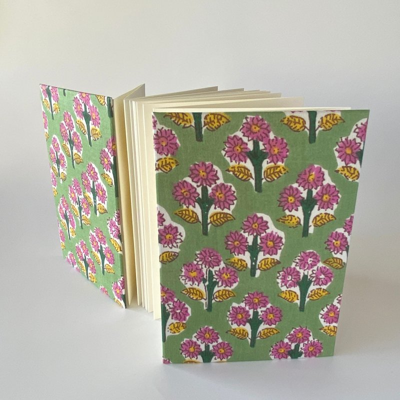 折本スタンプ帳　インド花柄プリント布　A6 - ノート・手帳 - コットン・麻 グリーン