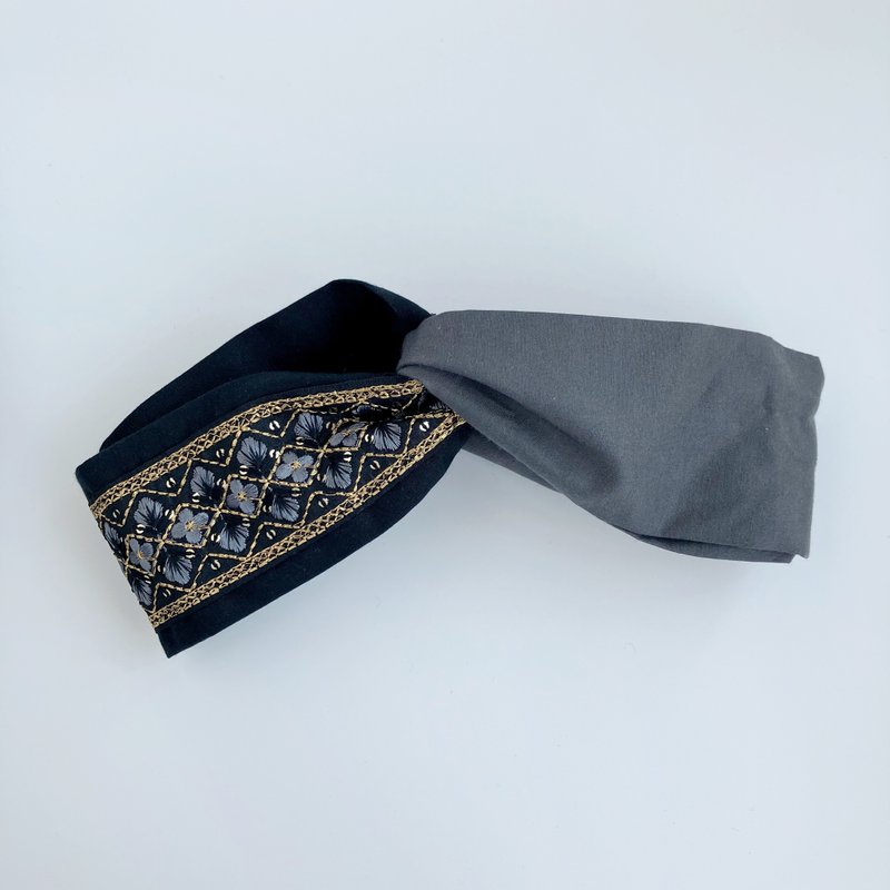 日本刺繡緞帶 金線格紋小灰花 黑色深灰色 日本布 交叉髮帶 - 髮箍/髮帶 - 棉．麻 黑色