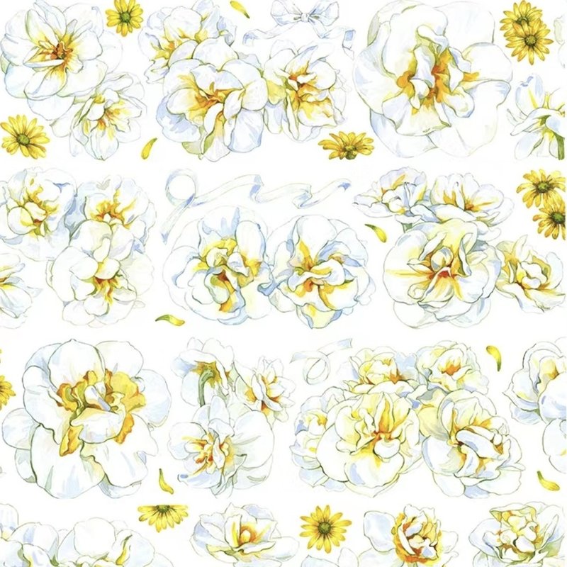 Narcissus Retro Light White Elegant Large Flower PET Paper Tape - Washi Tape - Other Materials White