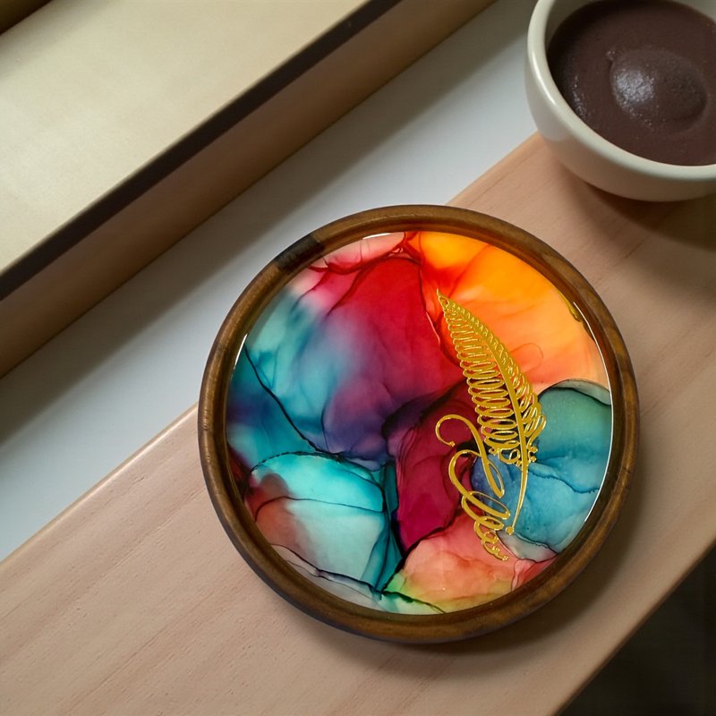 酒精墨水藝術優質胡桃木杯墊 - 羽毛 (F) - 擺飾/家飾品 - 其他材質 多色