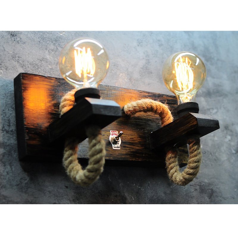 Wall light 2 bulbs sconce lighting Wooden lamp with handmade rope Edison light - 燈具/燈飾 - 木頭 
