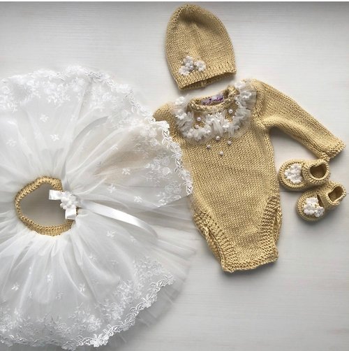 V.I.Angel Beige hand knit outfit for baby girl. Romper, tutu skirt, hat, booties.