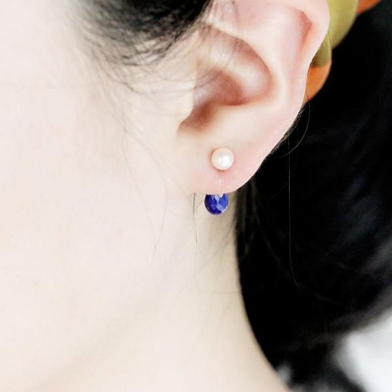 Back catch style non-hole earrings with pearl and lapis lazuli December birthstone earrings - Earrings & Clip-ons - Gemstone Blue