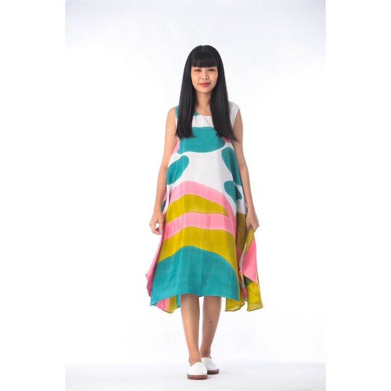 Dress Hand Paint Soft Cotton Silk for Yoga Vacation Holidays - 洋裝/連身裙 - 棉．麻 綠色