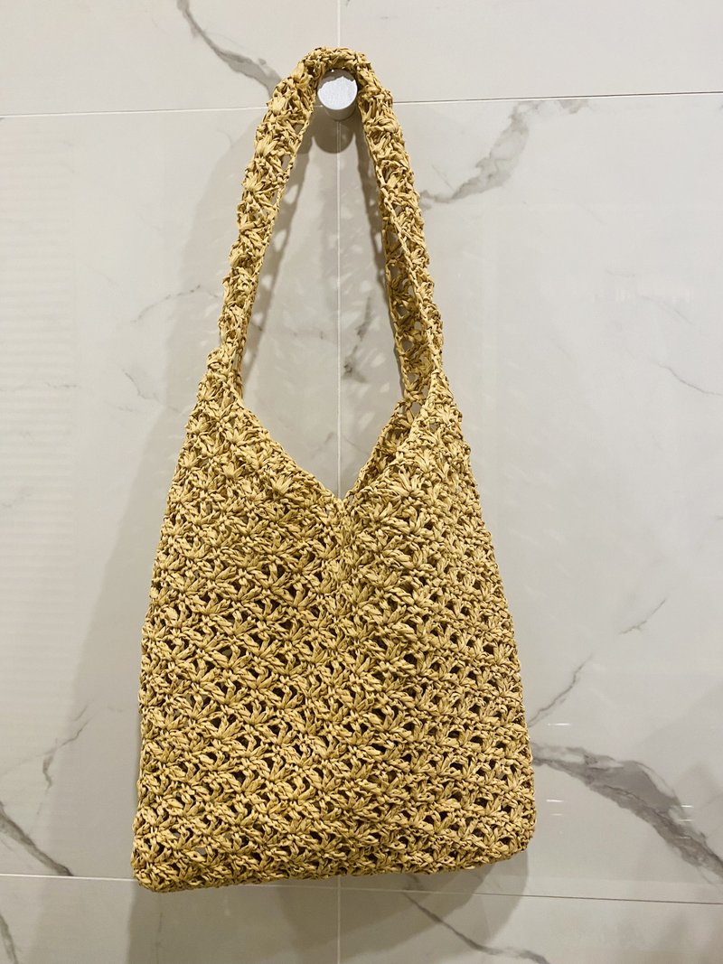 歲月靜好拉菲草縷花編織包M - 側背包/斜背包 - 植物．花 卡其色