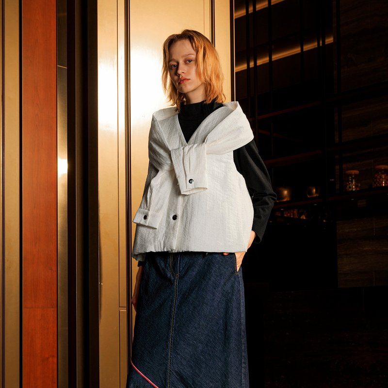 假袖綁帶鋪棉背心 - 背心/無袖上衣 - 其他材質 白色