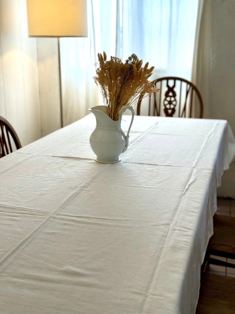 40290-法國古董棉麻緹花白色大桌巾225x125 cm - Place Mats & Dining Décor - Cotton & Hemp 