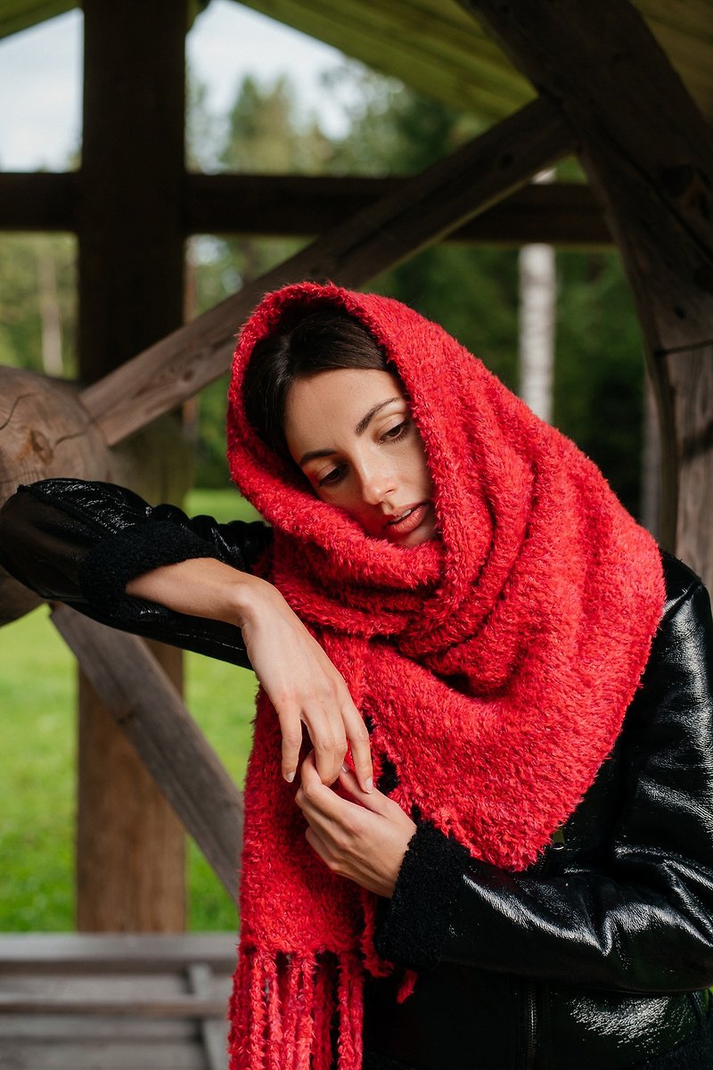 Merino Wool Crochet Headscarf Gift / Large Merino Crochet Wool Shawl - Scarves - Wool Red