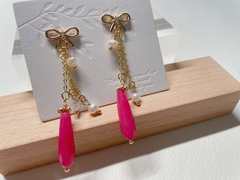 【ORere.oC】 偶蕊原創飾驗室 l 走入桃花林 l 切面梅紅玉髓耳飾 - 耳環/耳夾/耳骨夾 - 玉石 紅色